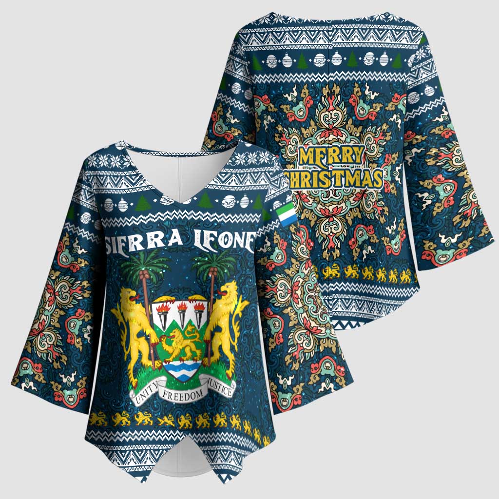 Sierra Leone Christmas Kimono Sleeve Blouse with Ornamental Pattern, National Coat of Arms, and Festive Motif - Wonder Print Shop