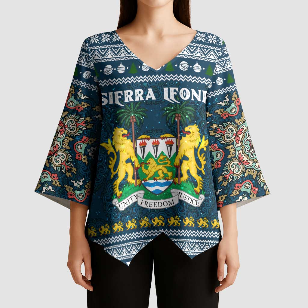 Sierra Leone Christmas Kimono Sleeve Blouse with Ornamental Pattern, National Coat of Arms, and Festive Motif - Wonder Print Shop