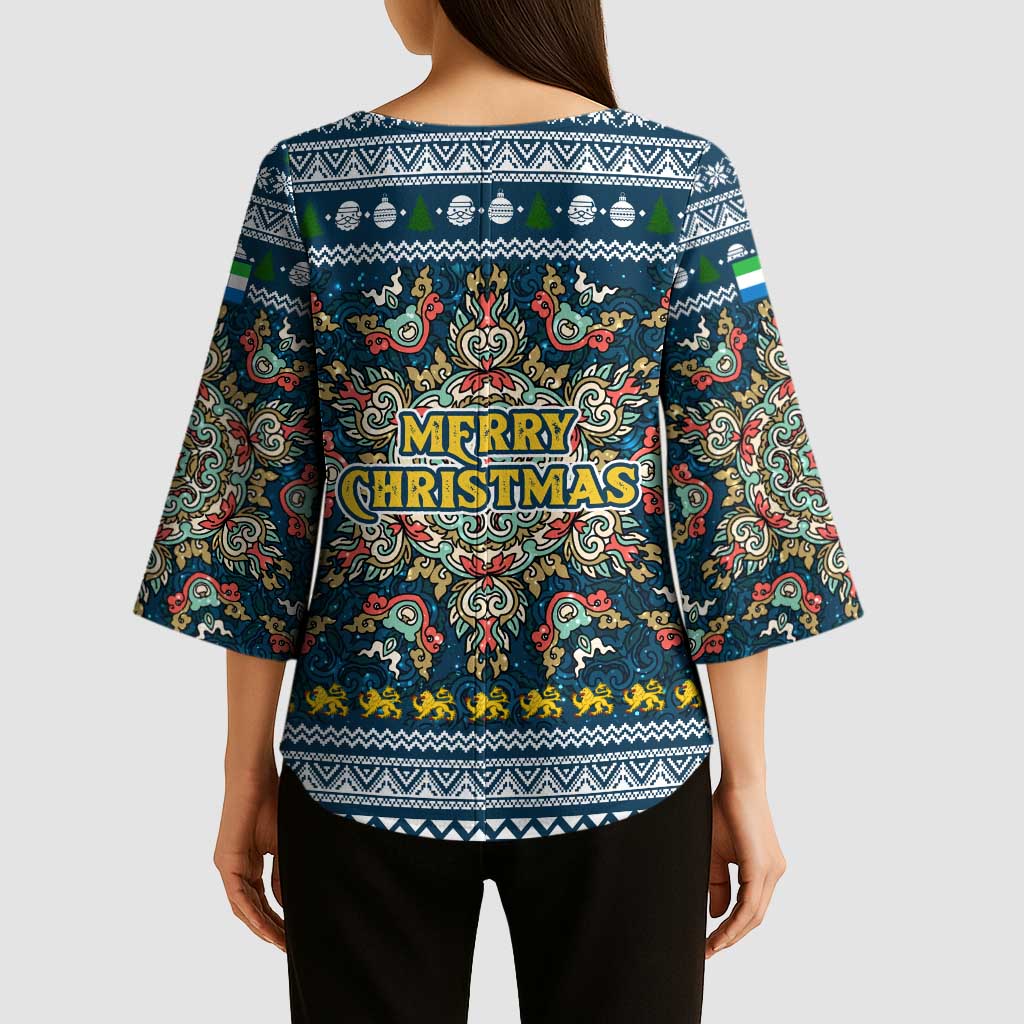 Sierra Leone Christmas Kimono Sleeve Blouse with Ornamental Pattern, National Coat of Arms, and Festive Motif - Wonder Print Shop