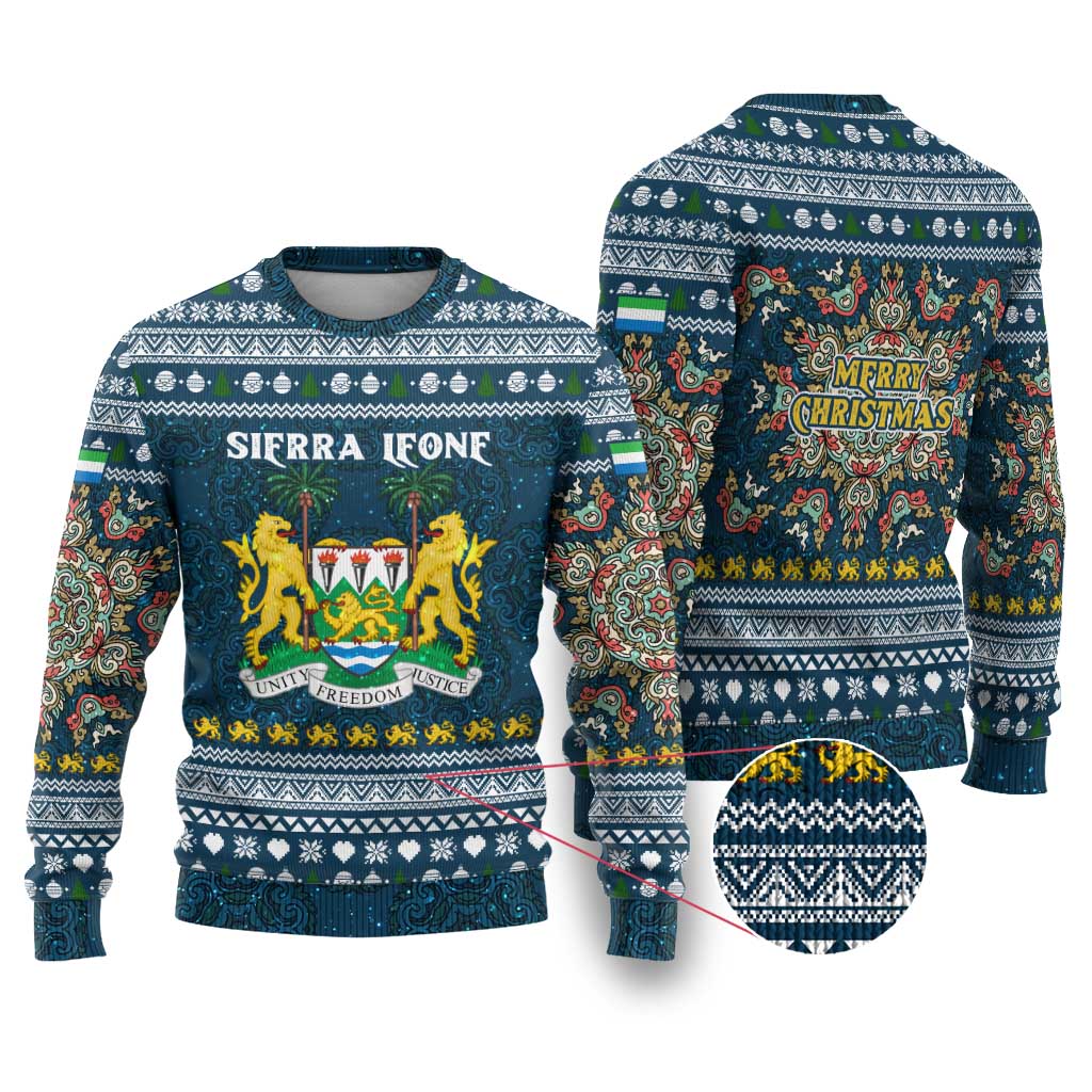 Sierra Leone Christmas Ugly Christmas Sweater with Ornamental Pattern, National Coat of Arms, and Festive Motif - Wonder Print Shop