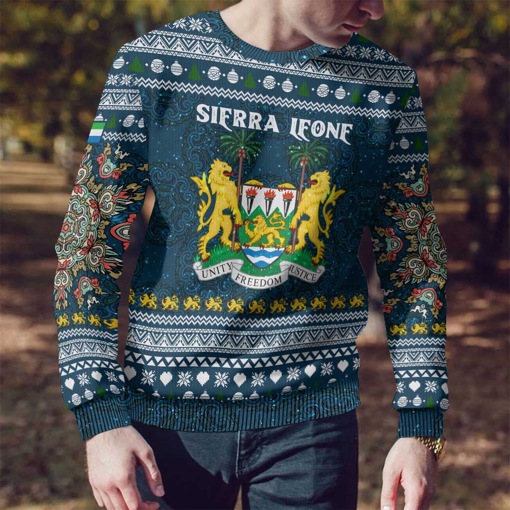 Sierra Leone Christmas Ugly Christmas Sweater with Ornamental Pattern, National Coat of Arms, and Festive Motif - Wonder Print Shop