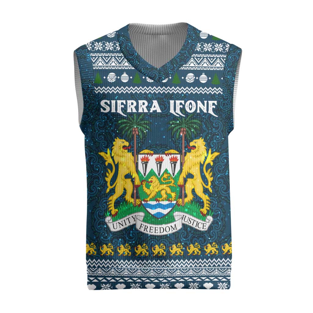 Sierra Leone Christmas Knitted V-Neck Vest with Ornamental Pattern, National Coat of Arms, and Festive Motif - Wonder Print Shop