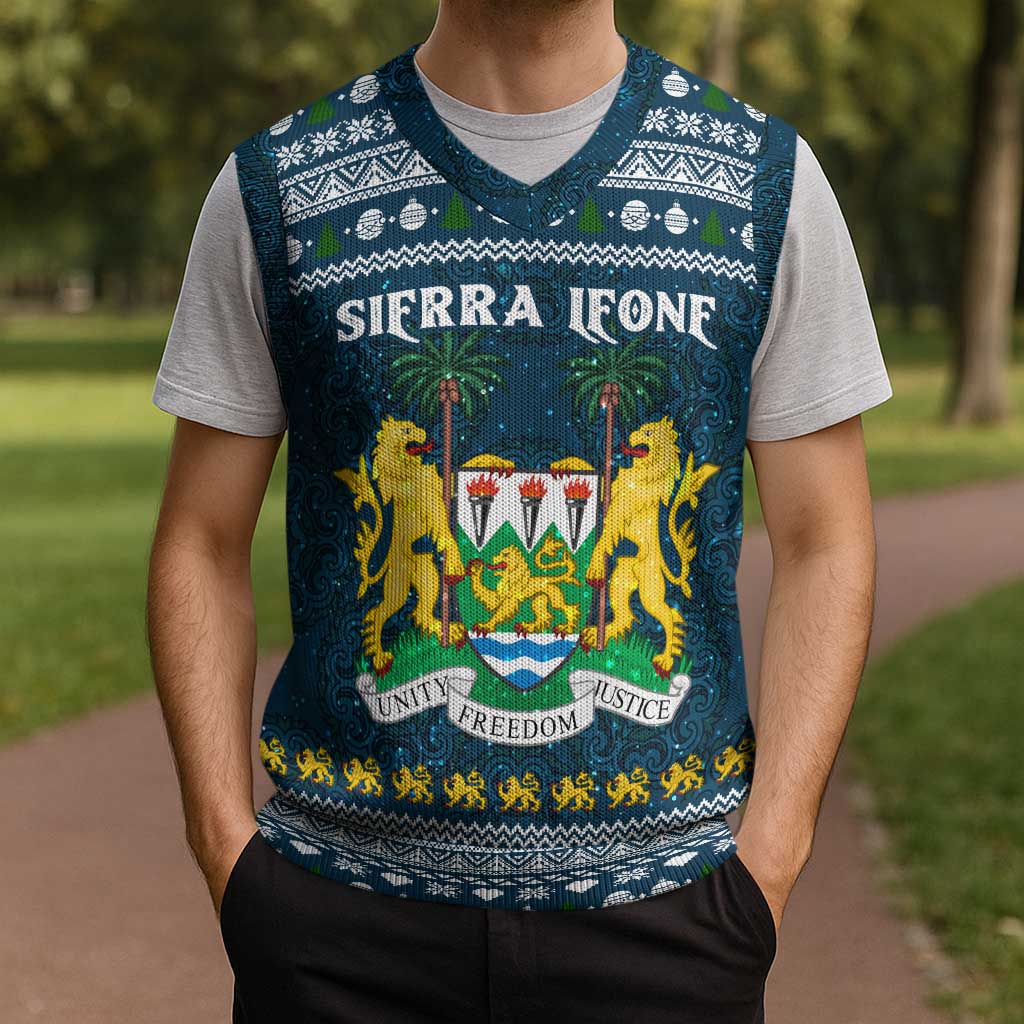 Sierra Leone Christmas Knitted V-Neck Vest with Ornamental Pattern, National Coat of Arms, and Festive Motif - Wonder Print Shop