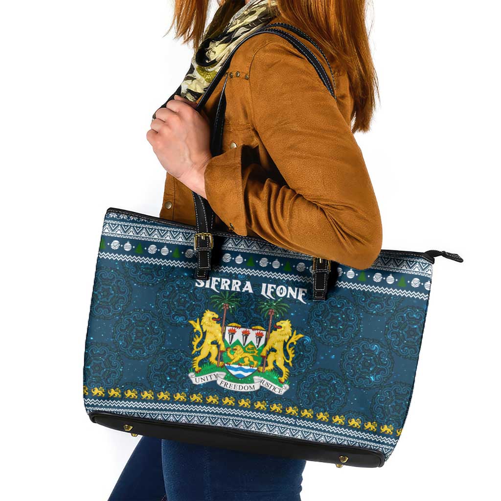 Sierra Leone Christmas Leather Tote Bag with Ornamental Pattern, National Coat of Arms, and Festive Motif - Wonder Print Shop