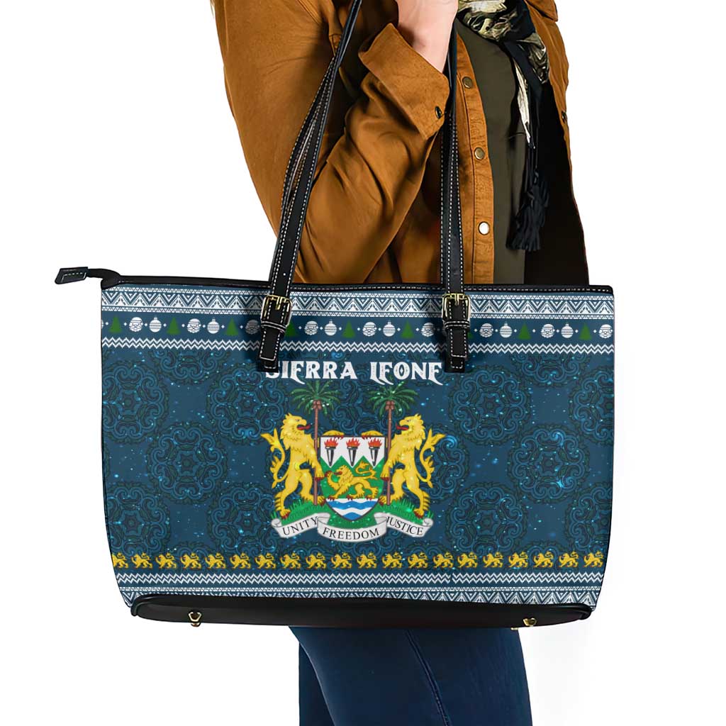 Sierra Leone Christmas Leather Tote Bag with Ornamental Pattern, National Coat of Arms, and Festive Motif - Wonder Print Shop