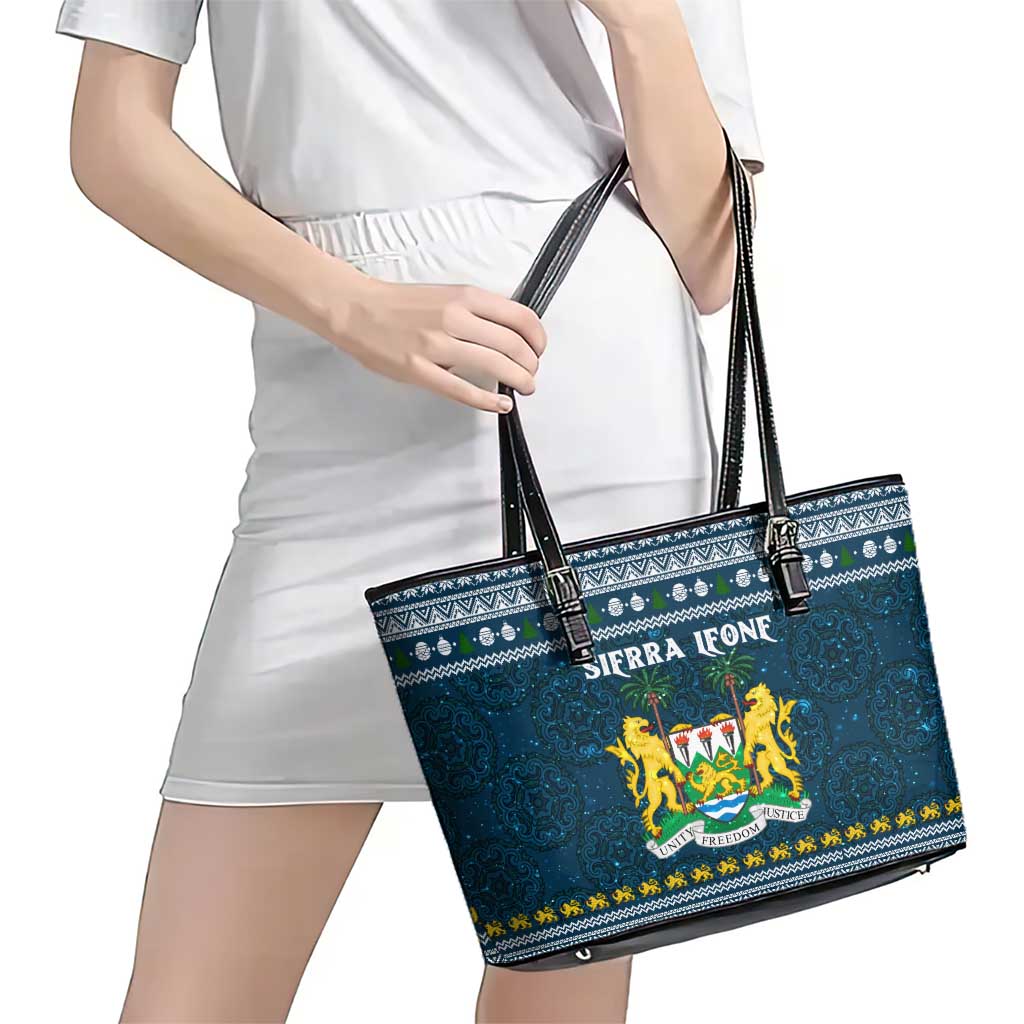 Sierra Leone Christmas Leather Tote Bag with Ornamental Pattern, National Coat of Arms, and Festive Motif - Wonder Print Shop