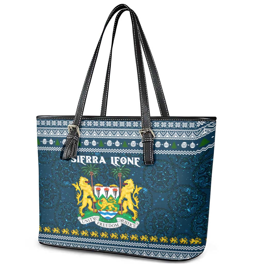Sierra Leone Christmas Leather Tote Bag with Ornamental Pattern, National Coat of Arms, and Festive Motif - Wonder Print Shop