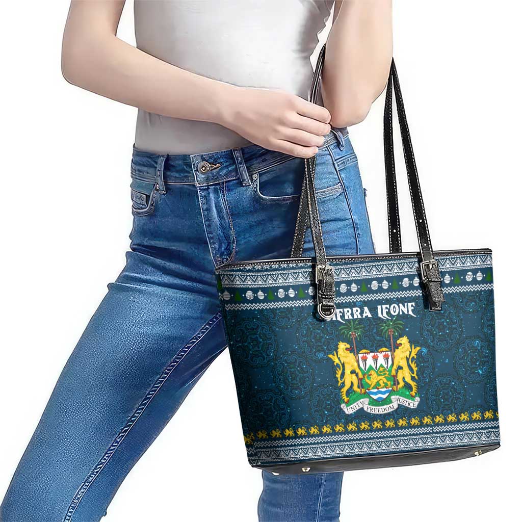 Sierra Leone Christmas Leather Tote Bag with Ornamental Pattern, National Coat of Arms, and Festive Motif - Wonder Print Shop