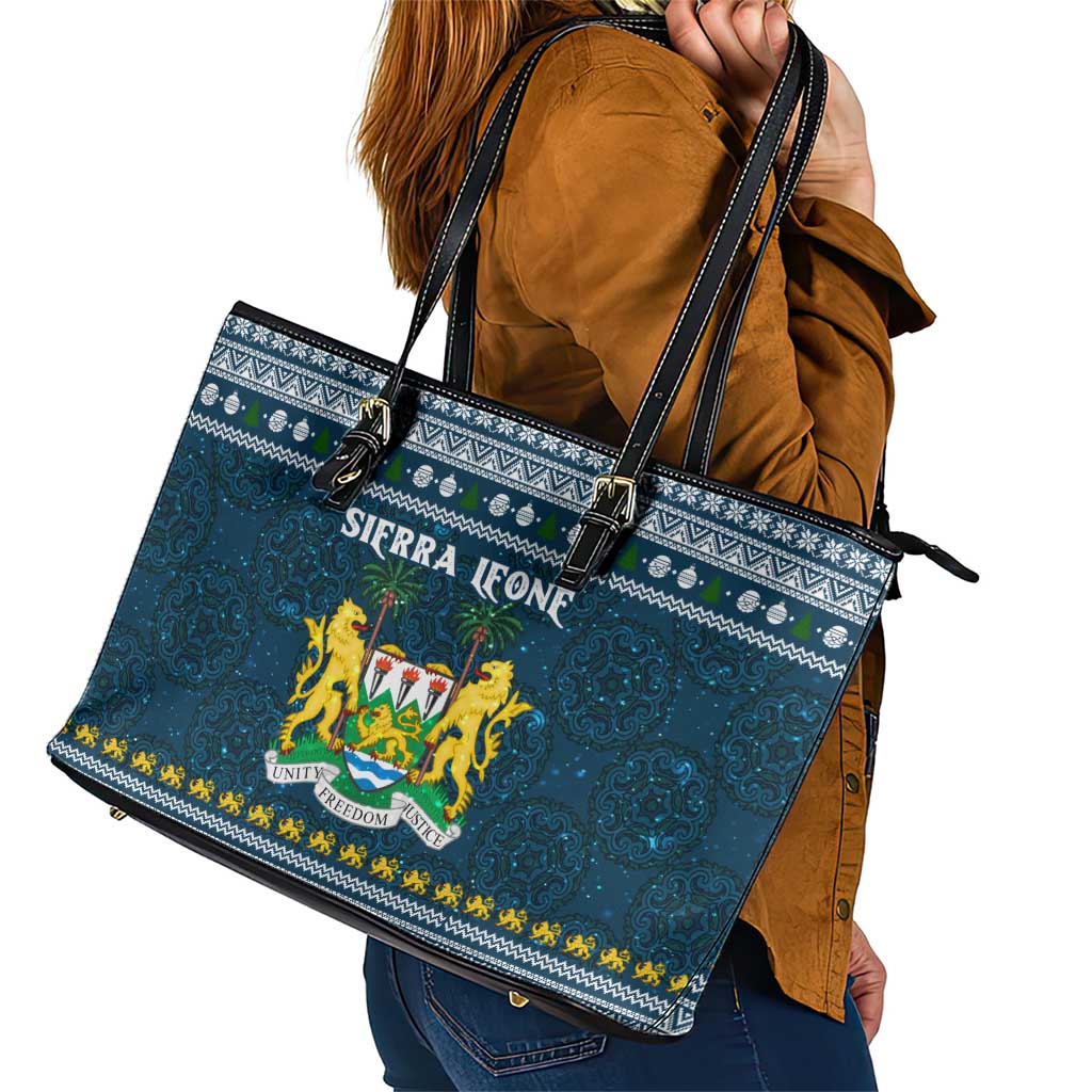 Sierra Leone Christmas Leather Tote Bag with Ornamental Pattern, National Coat of Arms, and Festive Motif - Wonder Print Shop