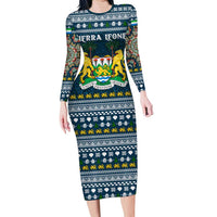 Sierra Leone Christmas Long Sleeve Bodycon Dress with Ornamental Pattern, National Coat of Arms, and Festive Motif - Wonder Print Shop