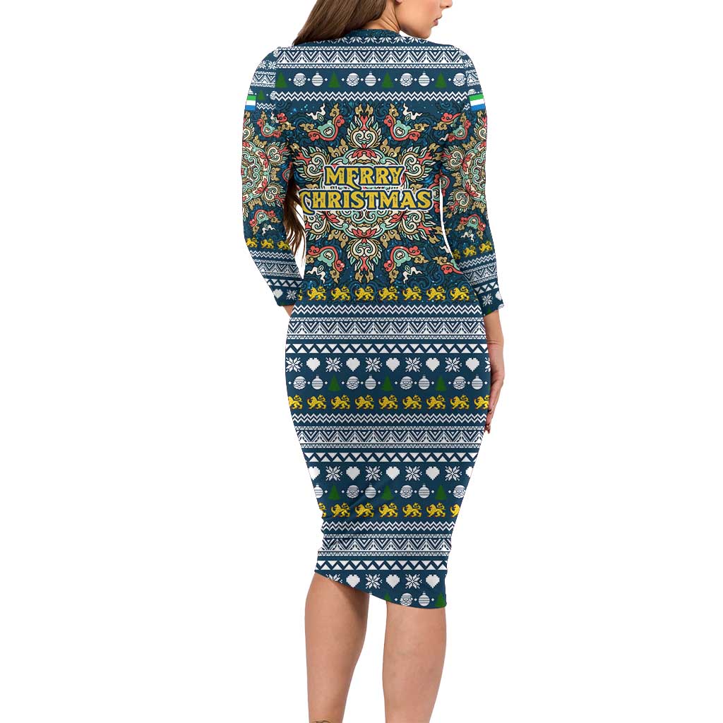 Sierra Leone Christmas Long Sleeve Bodycon Dress with Ornamental Pattern, National Coat of Arms, and Festive Motif - Wonder Print Shop