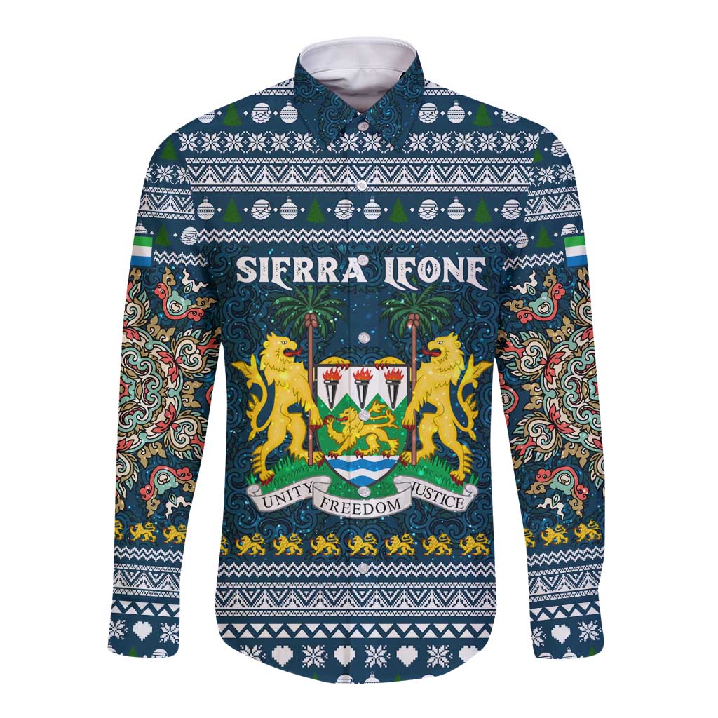 Sierra Leone Christmas Long Sleeve Button Shirt with Ornamental Pattern, National Coat of Arms, and Festive Motif - Wonder Print Shop