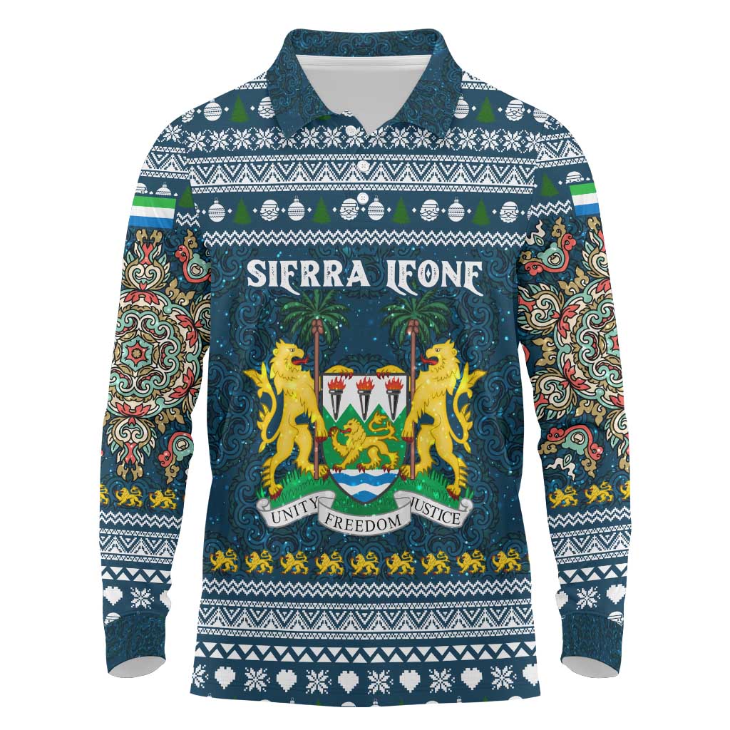Sierra Leone Christmas Long Sleeve Polo Shirt with Ornamental Pattern, National Coat of Arms, and Festive Motif - Wonder Print Shop