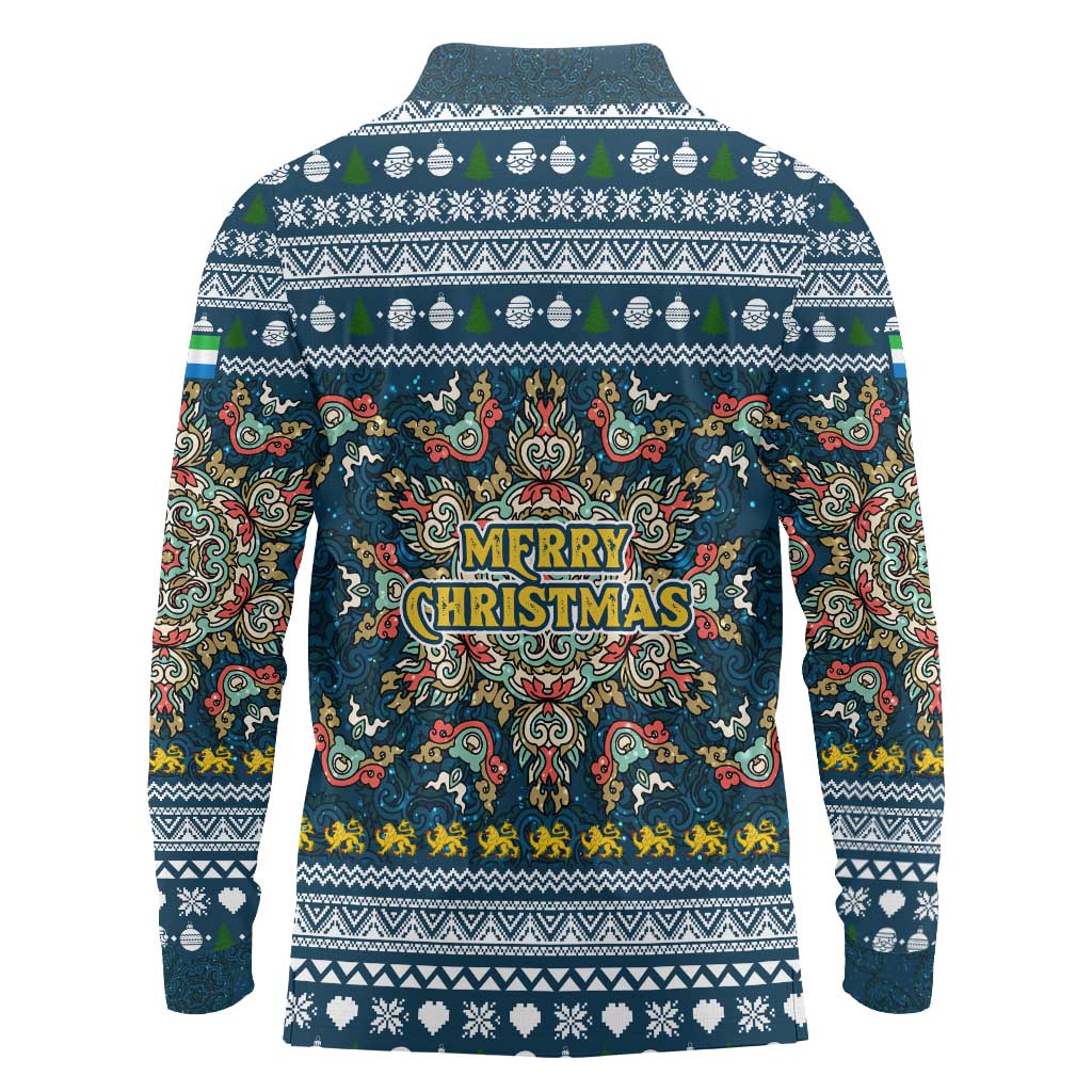 Sierra Leone Christmas Long Sleeve Polo Shirt with Ornamental Pattern, National Coat of Arms, and Festive Motif - Wonder Print Shop