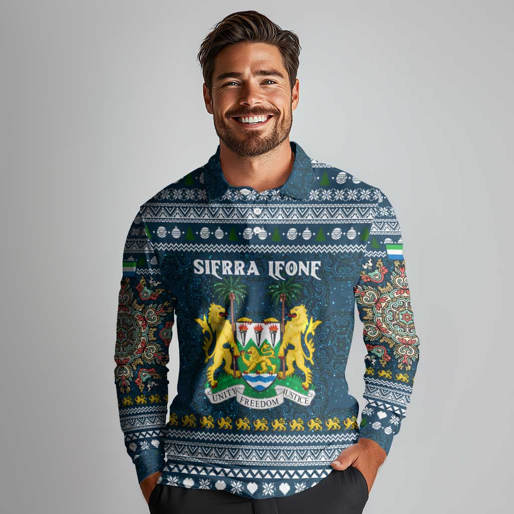 Sierra Leone Christmas Long Sleeve Polo Shirt with Ornamental Pattern, National Coat of Arms, and Festive Motif - Wonder Print Shop