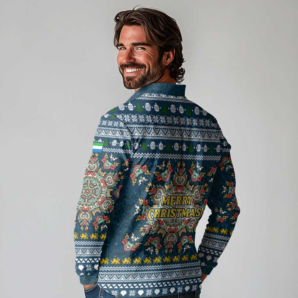 Sierra Leone Christmas Long Sleeve Polo Shirt with Ornamental Pattern, National Coat of Arms, and Festive Motif - Wonder Print Shop