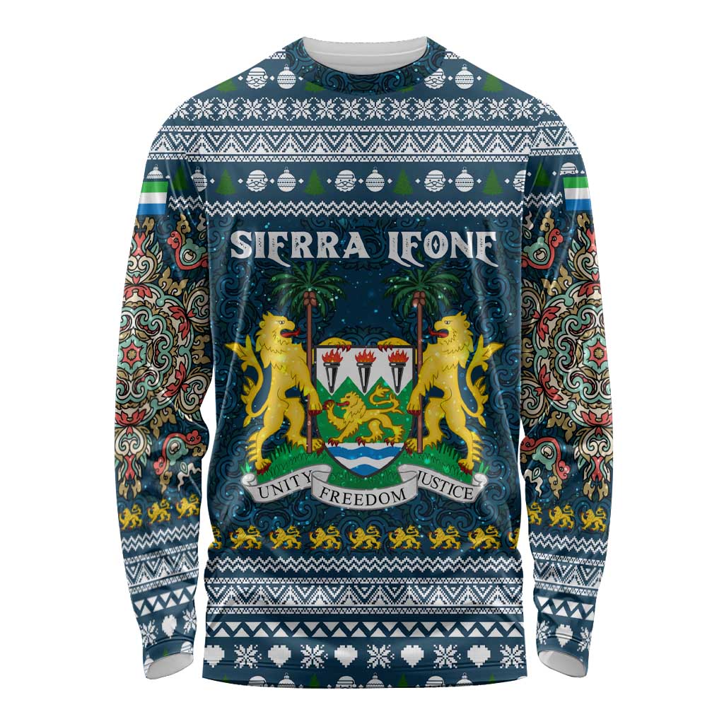 Sierra Leone Christmas Long Sleeve Shirt with Ornamental Pattern, National Coat of Arms, and Festive Motif - Wonder Print Shop