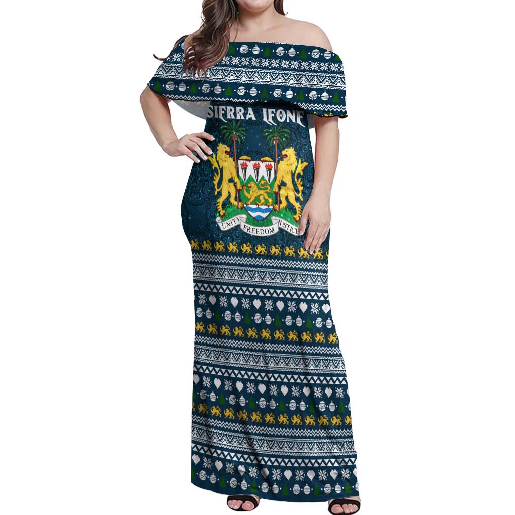 Sierra Leone Christmas Off Shoulder Maxi Dress with Ornamental Pattern, National Coat of Arms, and Festive Motif - Wonder Print Shop