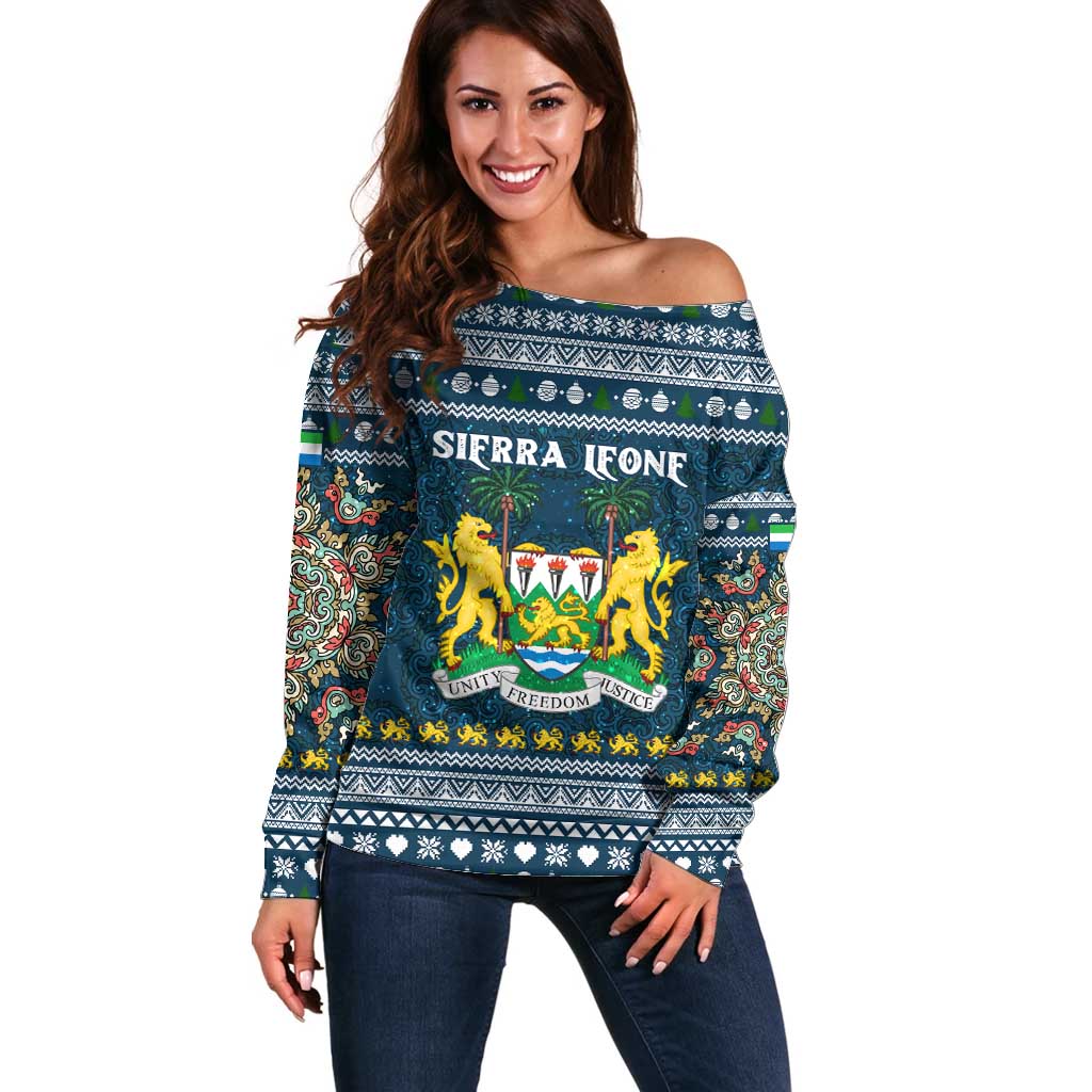 Sierra Leone Christmas Off Shoulder Sweater with Ornamental Pattern, National Coat of Arms, and Festive Motif - Wonder Print Shop