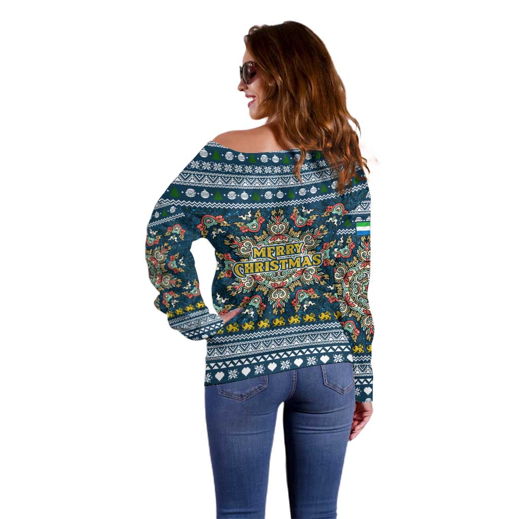 Sierra Leone Christmas Off Shoulder Sweater with Ornamental Pattern, National Coat of Arms, and Festive Motif - Wonder Print Shop