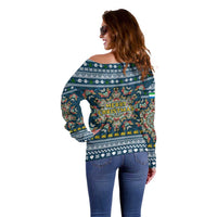 Sierra Leone Christmas Off Shoulder Sweater with Ornamental Pattern, National Coat of Arms, and Festive Motif - Wonder Print Shop