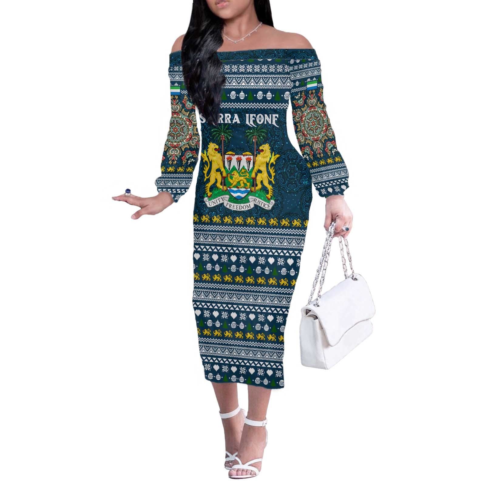 Sierra Leone Christmas Off The Shoulder Long Sleeve Dress with Ornamental Pattern, National Coat of Arms, and Festive Motif - Wonder Print Shop