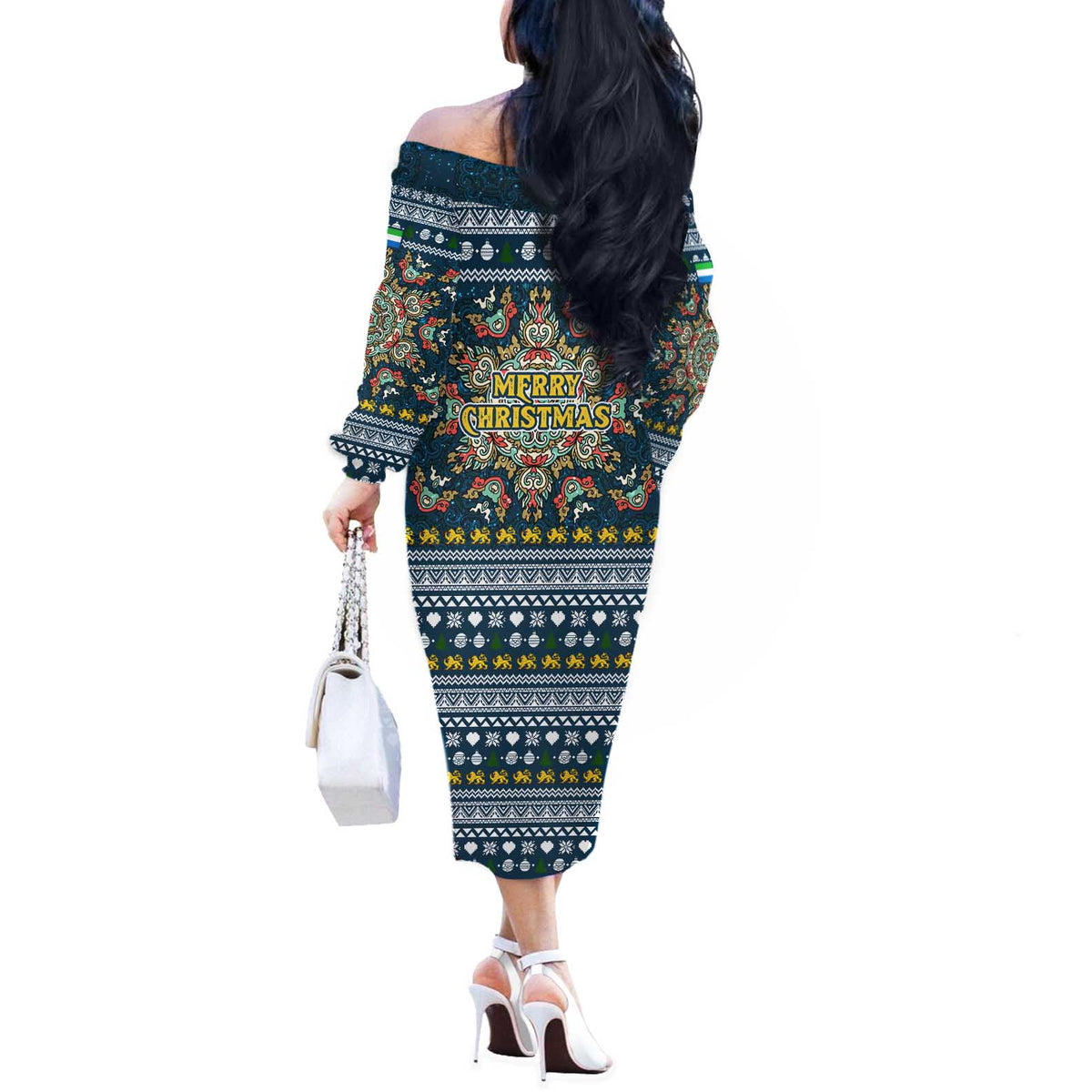 Sierra Leone Christmas Off The Shoulder Long Sleeve Dress with Ornamental Pattern, National Coat of Arms, and Festive Motif - Wonder Print Shop