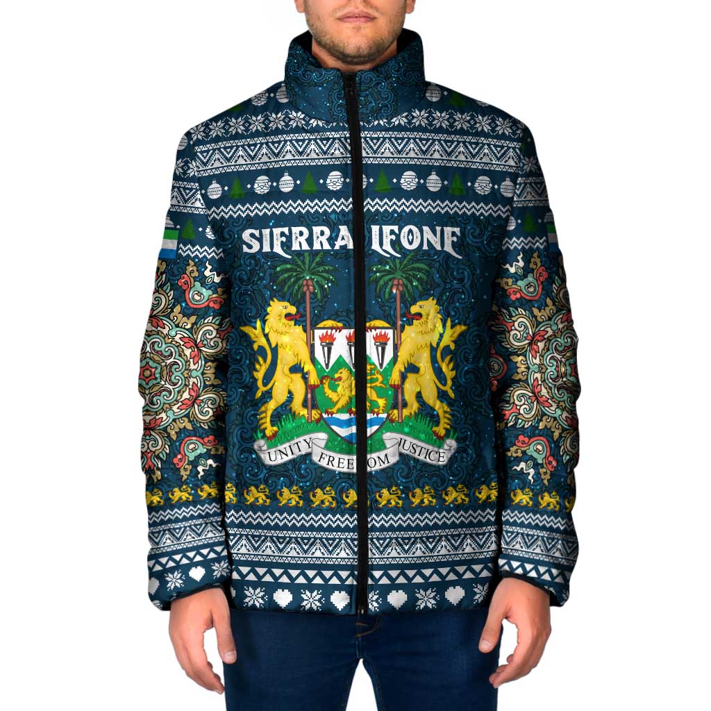 Sierra Leone Christmas Padded Jacket with Ornamental Pattern, National Coat of Arms, and Festive Motif - Wonder Print Shop