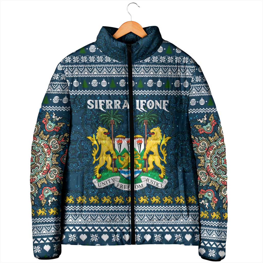 Sierra Leone Christmas Padded Jacket with Ornamental Pattern, National Coat of Arms, and Festive Motif - Wonder Print Shop