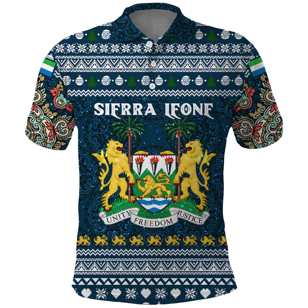 Sierra Leone Christmas Polo Shirt with Ornamental Pattern, National Coat of Arms, and Festive Motif - Wonder Print Shop
