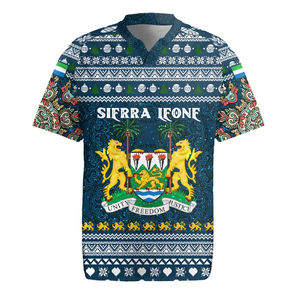 Sierra Leone Christmas Rugby Jersey with Ornamental Pattern, National Coat of Arms, and Festive Motif - Wonder Print Shop