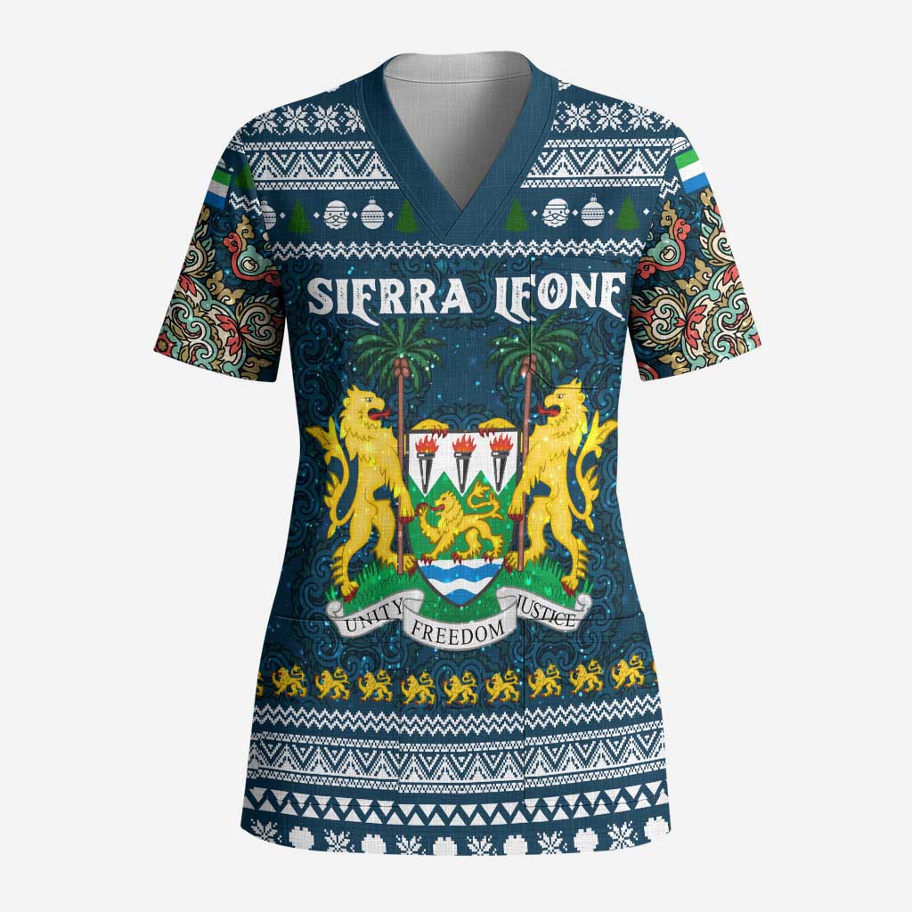 Sierra Leone Christmas Scrub Top with Ornamental Pattern, National Coat of Arms, and Festive Motif - Wonder Print Shop