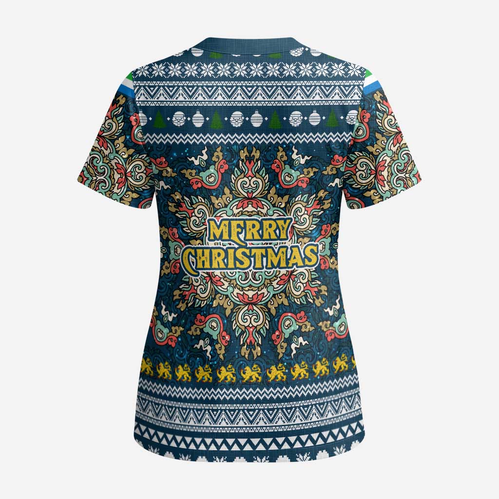 Sierra Leone Christmas Scrub Top with Ornamental Pattern, National Coat of Arms, and Festive Motif - Wonder Print Shop