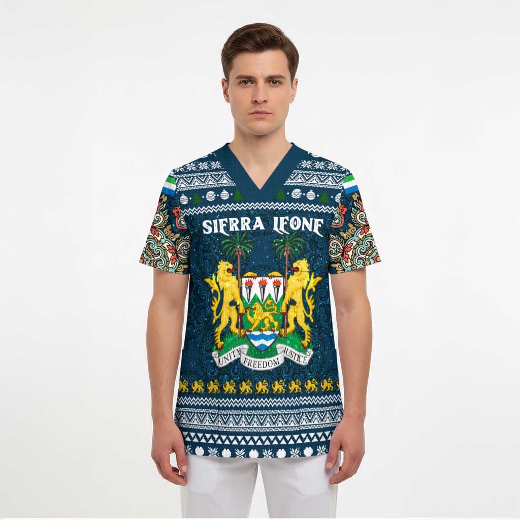 Sierra Leone Christmas Scrub Top with Ornamental Pattern, National Coat of Arms, and Festive Motif - Wonder Print Shop