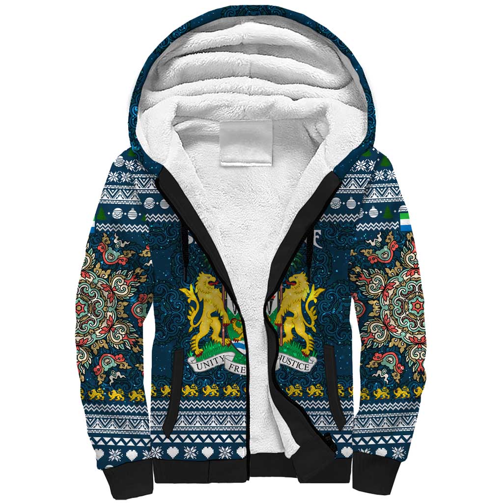 Sierra Leone Christmas Sherpa Hoodie with Ornamental Pattern, National Coat of Arms, and Festive Motif - Wonder Print Shop