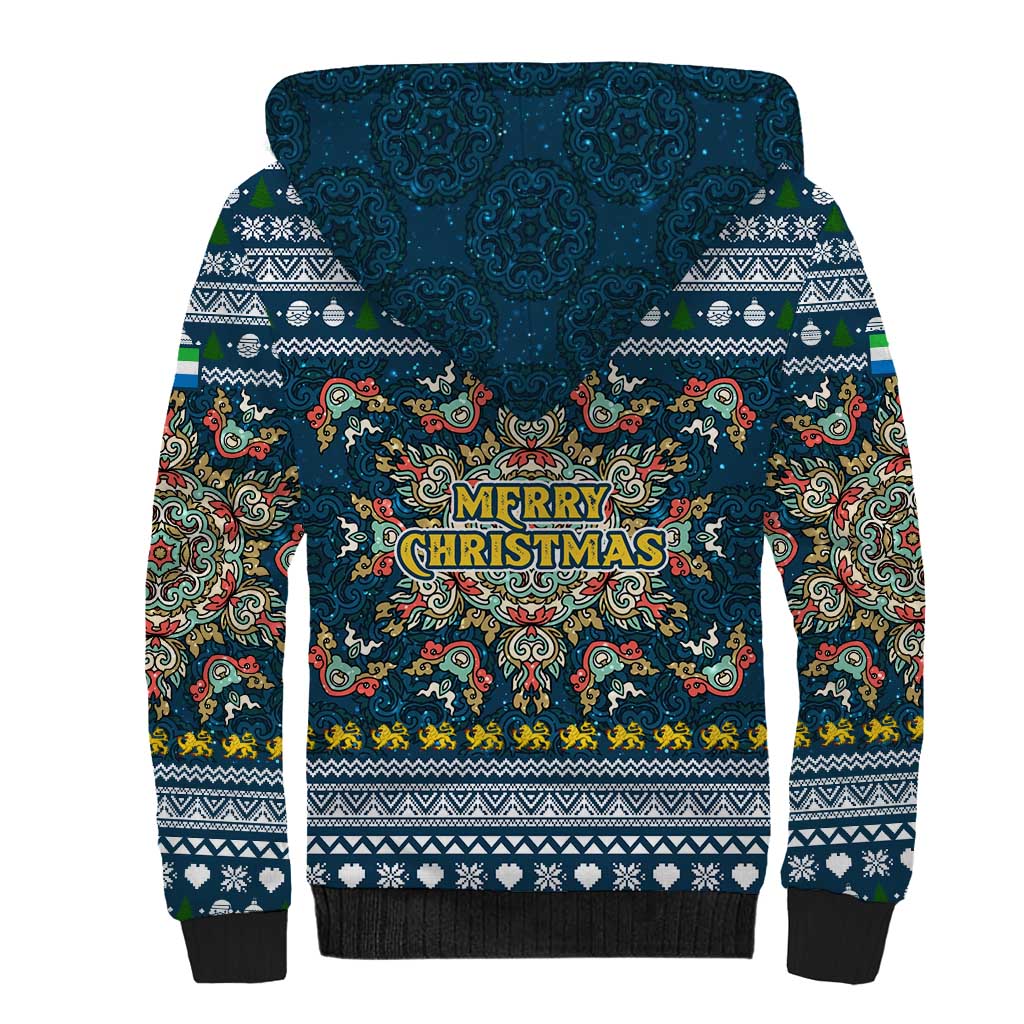 Sierra Leone Christmas Sherpa Hoodie with Ornamental Pattern, National Coat of Arms, and Festive Motif - Wonder Print Shop