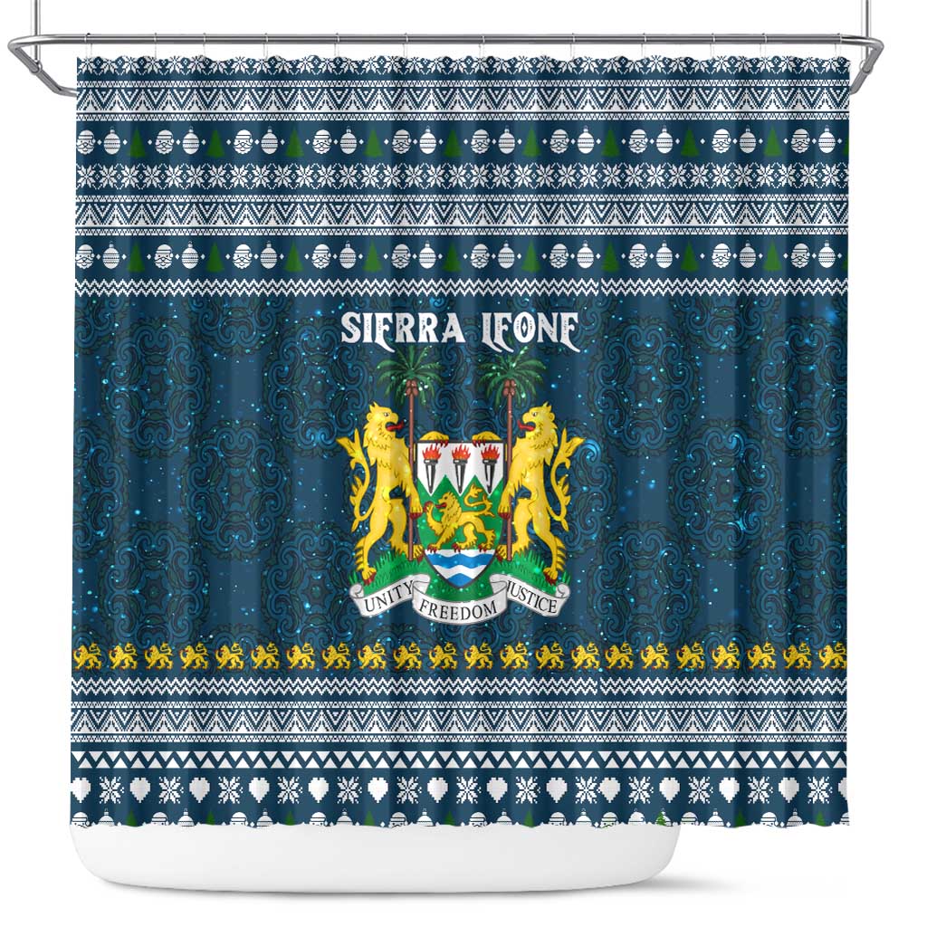 Sierra Leone Christmas Shower Curtain with Ornamental Pattern, National Coat of Arms, and Festive Motif - Wonder Print Shop