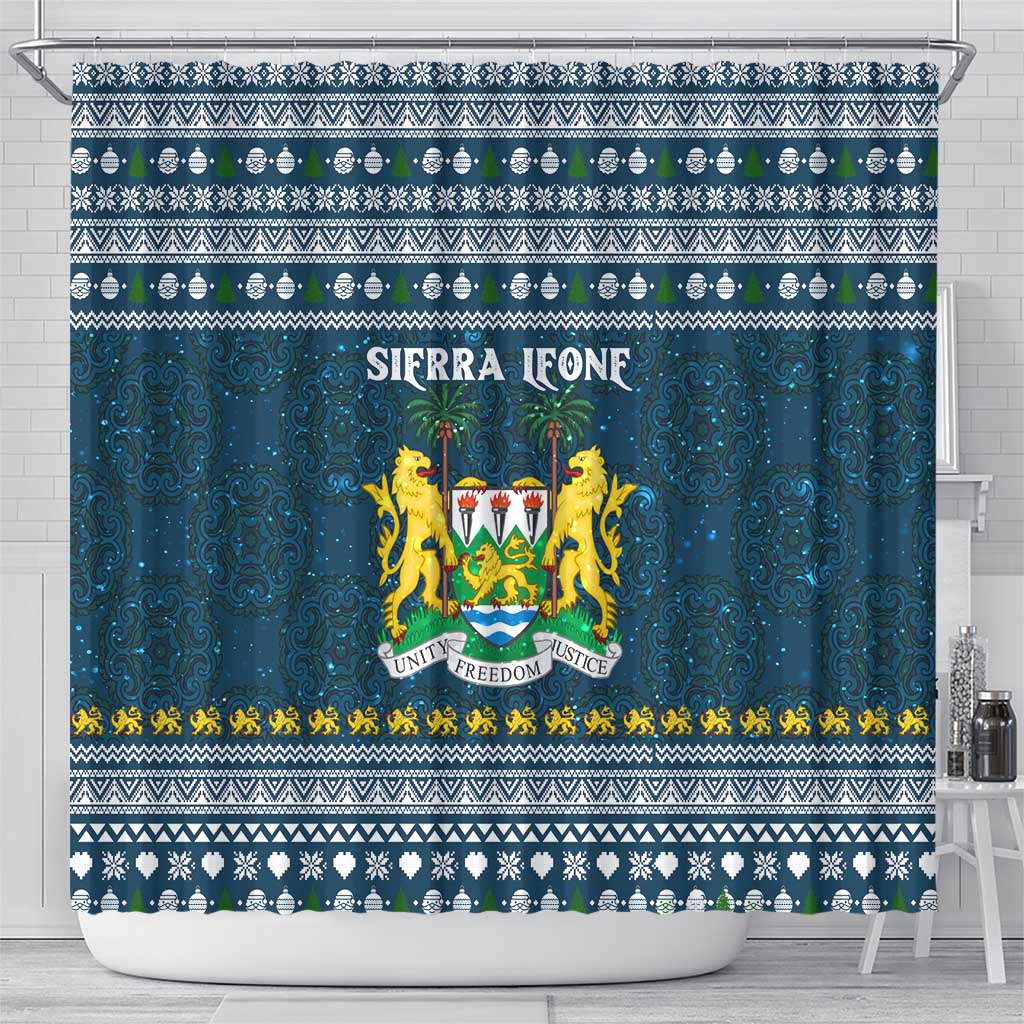 Sierra Leone Christmas Shower Curtain with Ornamental Pattern, National Coat of Arms, and Festive Motif - Wonder Print Shop