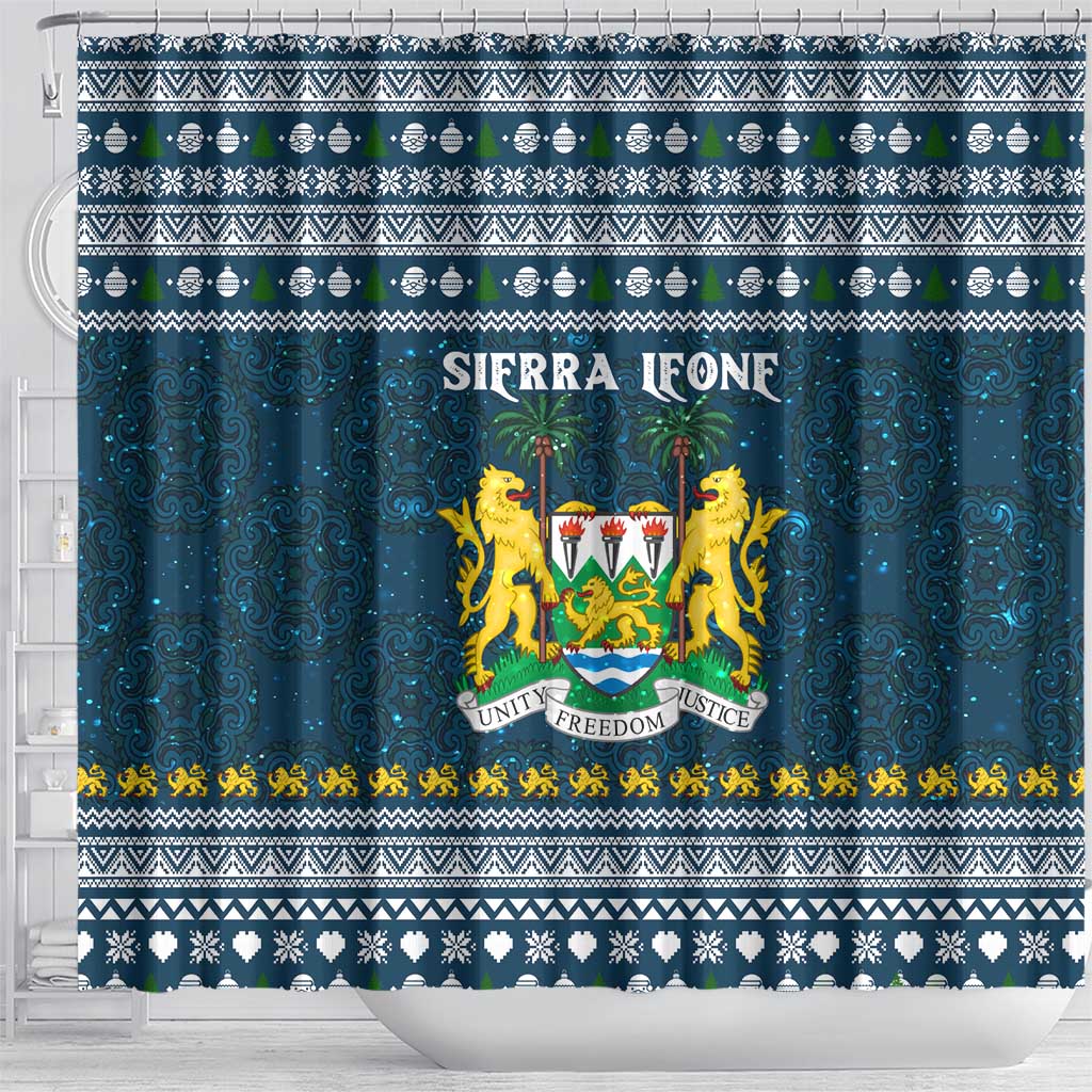 Sierra Leone Christmas Shower Curtain with Ornamental Pattern, National Coat of Arms, and Festive Motif - Wonder Print Shop