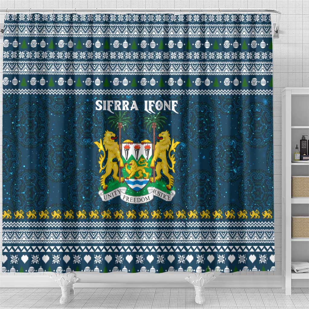Sierra Leone Christmas Shower Curtain with Ornamental Pattern, National Coat of Arms, and Festive Motif - Wonder Print Shop