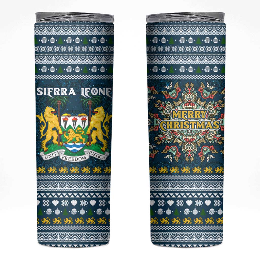 Sierra Leone Christmas Skinny Tumbler with Ornamental Pattern, National Coat of Arms, and Festive Motif - Wonder Print Shop