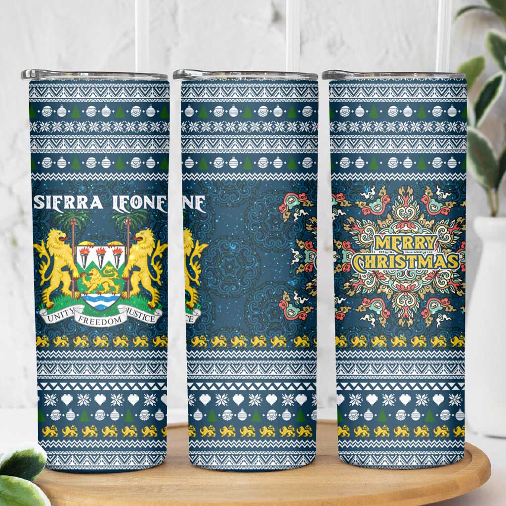 Sierra Leone Christmas Skinny Tumbler with Ornamental Pattern, National Coat of Arms, and Festive Motif - Wonder Print Shop