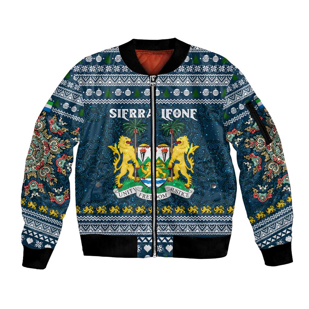 Sierra Leone Christmas Sleeve Zip Bomber Jacket with Ornamental Pattern, National Coat of Arms, and Festive Motif - Wonder Print Shop