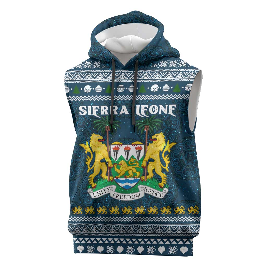Sierra Leone Christmas Sleeveless Hoodie with Ornamental Pattern, National Coat of Arms, and Festive Motif - Wonder Print Shop