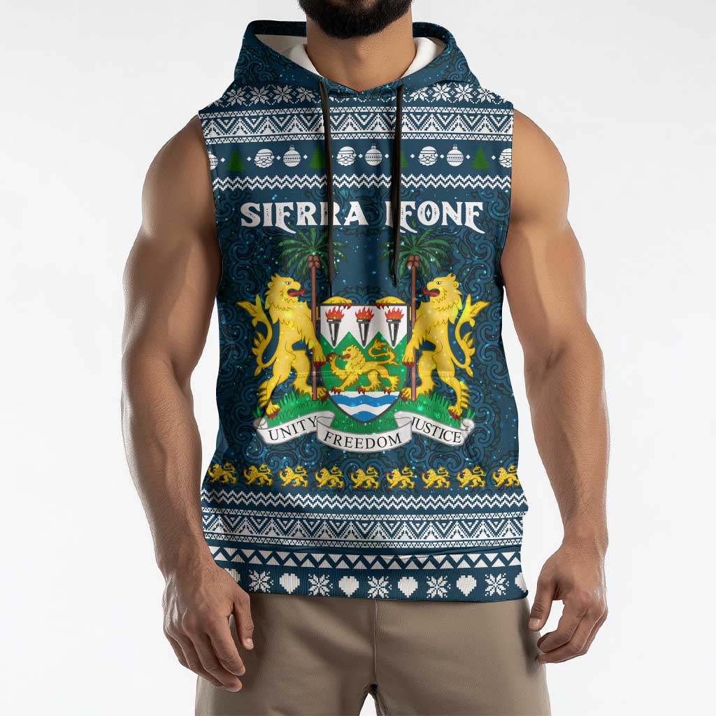 Sierra Leone Christmas Sleeveless Hoodie with Ornamental Pattern, National Coat of Arms, and Festive Motif - Wonder Print Shop