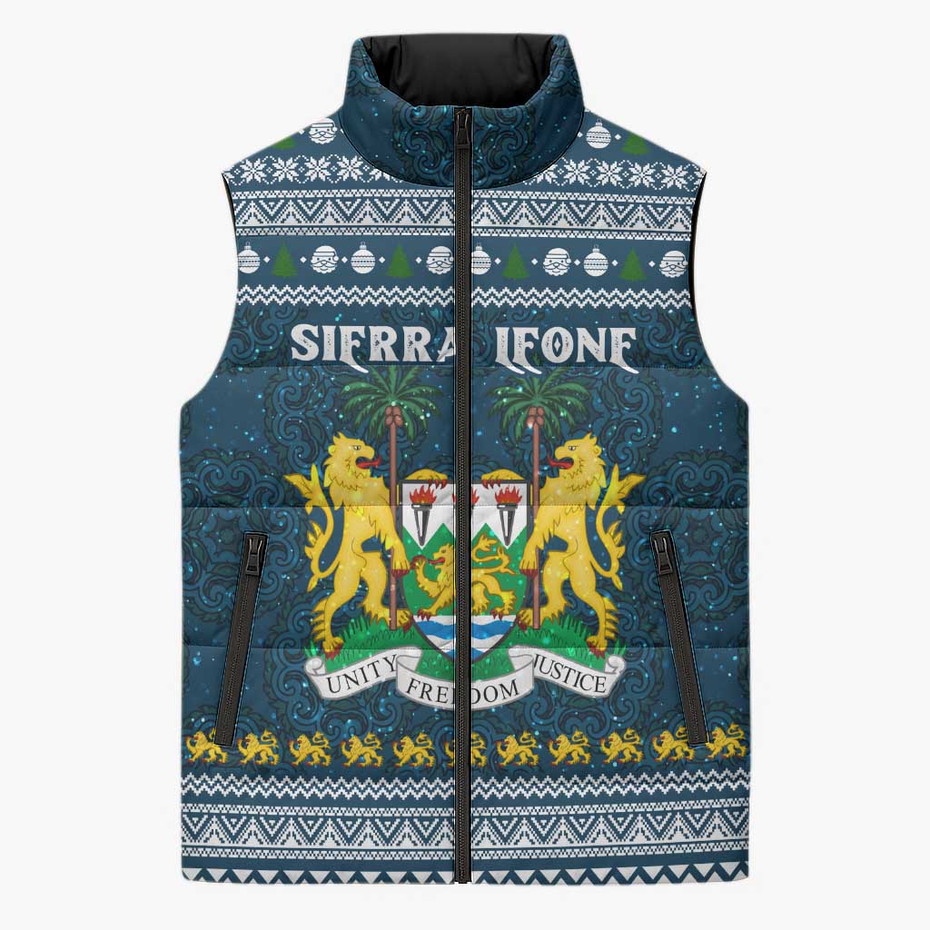 Sierra Leone Christmas Sleeveless Puffer Jacket with Ornamental Pattern, National Coat of Arms, and Festive Motif - Wonder Print Shop