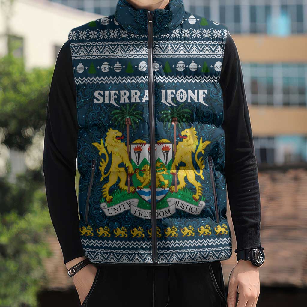 Sierra Leone Christmas Sleeveless Puffer Jacket with Ornamental Pattern, National Coat of Arms, and Festive Motif - Wonder Print Shop