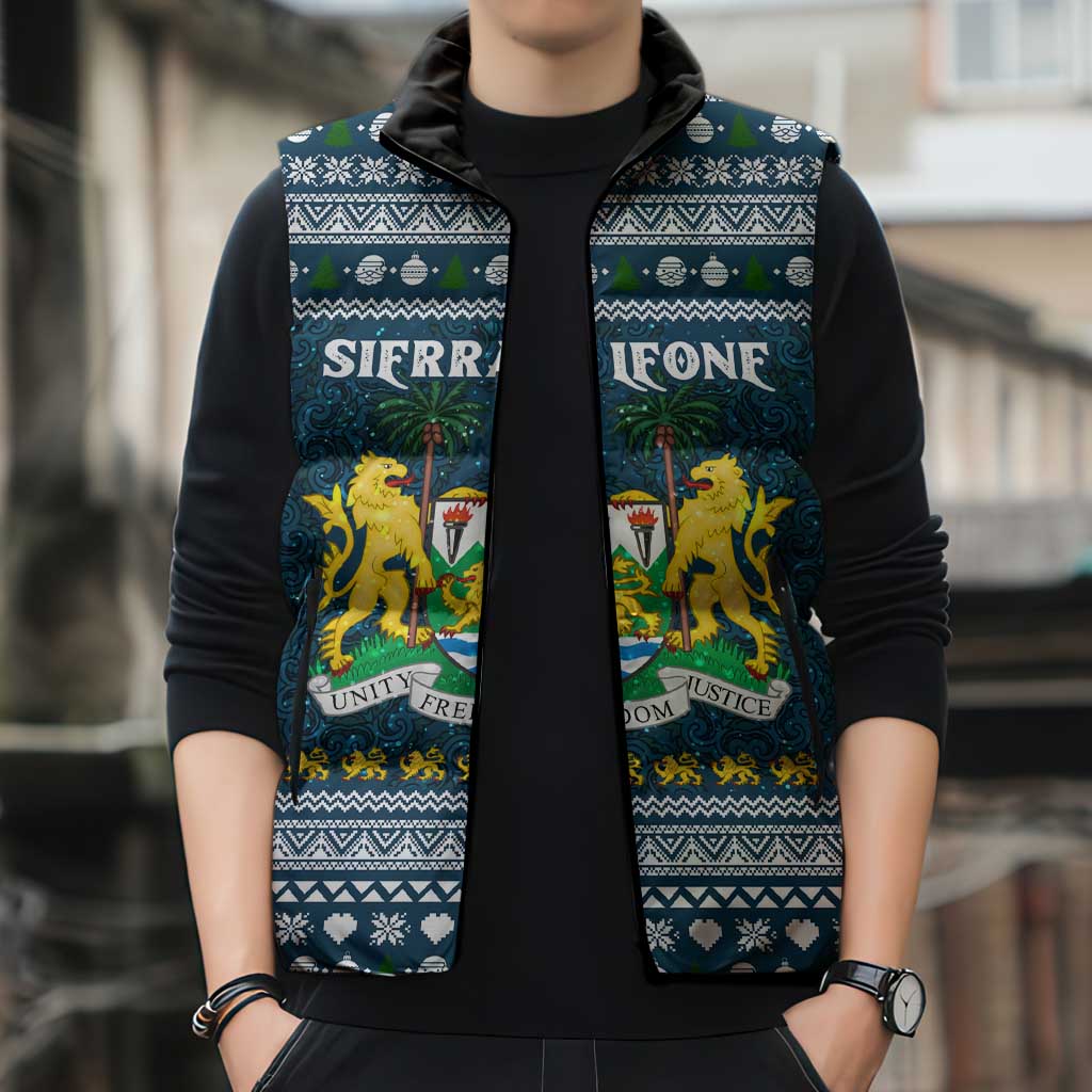 Sierra Leone Christmas Sleeveless Puffer Jacket with Ornamental Pattern, National Coat of Arms, and Festive Motif - Wonder Print Shop
