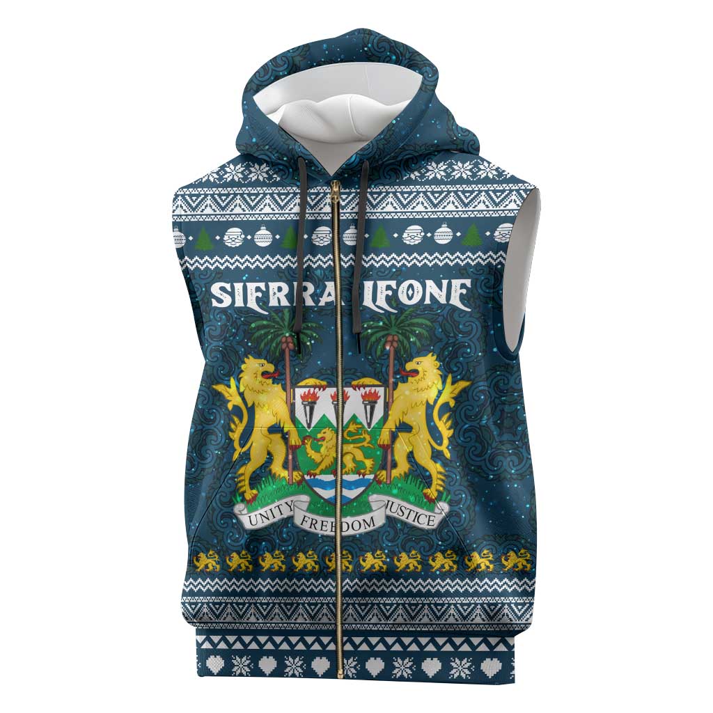 Sierra Leone Christmas Sleeveless Zip Hoodie with Ornamental Pattern, National Coat of Arms, and Festive Motif - Wonder Print Shop