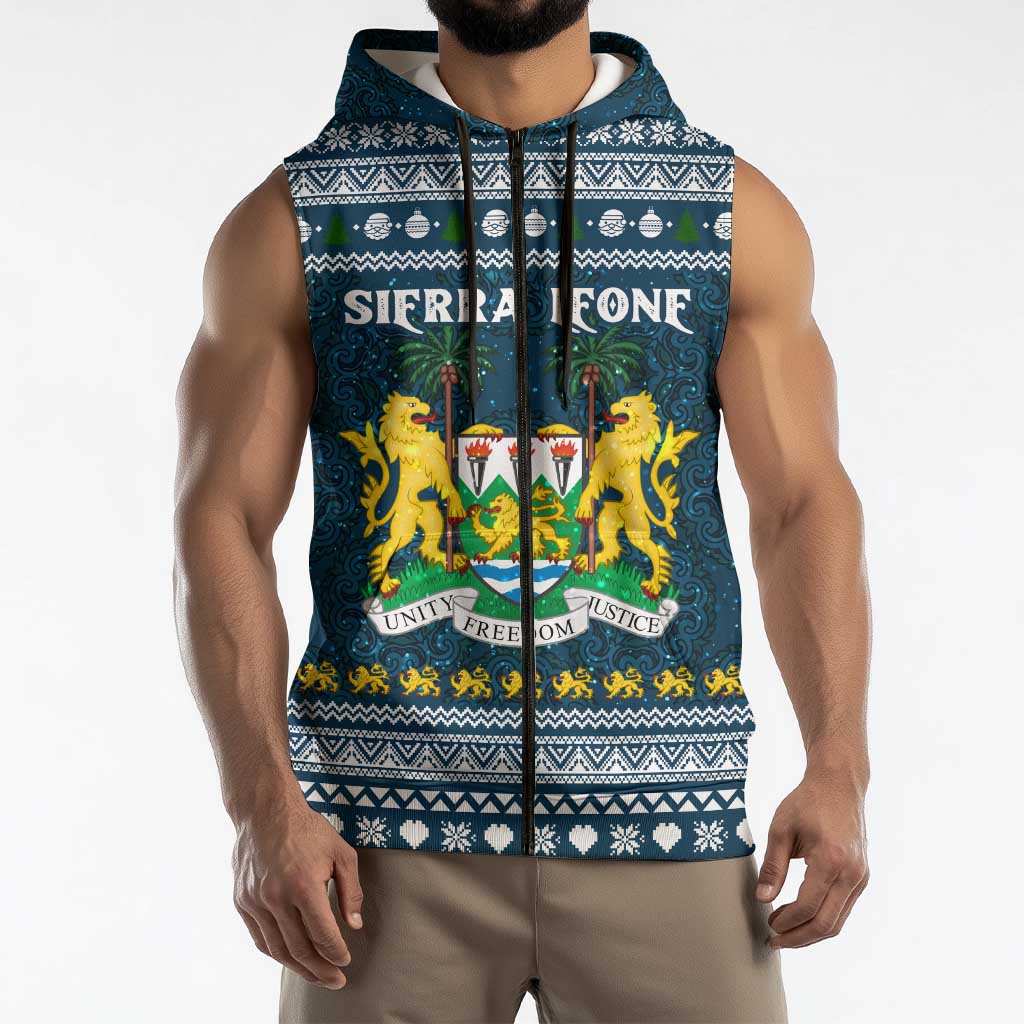 Sierra Leone Christmas Sleeveless Zip Hoodie with Ornamental Pattern, National Coat of Arms, and Festive Motif - Wonder Print Shop